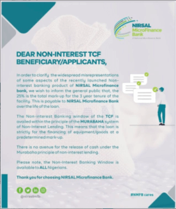 Nirsal Microfinance Bank Sends New Notice To Non-Interest Banking Window Beneficiaries
