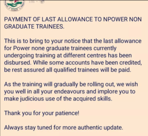 NASIMS Sends New Notice On Payment Of NPower Non-Graduate Trainees