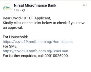 NMFB Sends Important Notice To Covid-19 TCF Applicants On Loan Approval