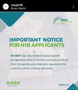 Nirsal Microfinance Bank Sends Important Notice To NIB Applicants
