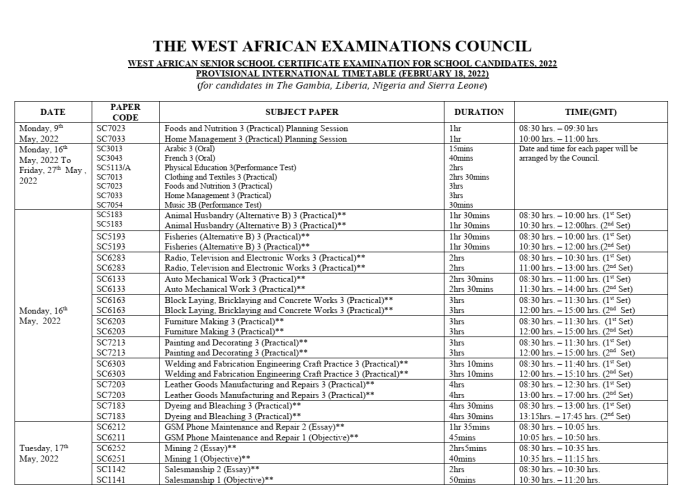 2022 WAEC Timetable For WASSCE Candidates