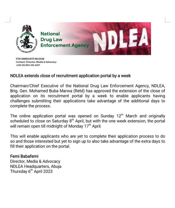 NDLEA Extends Deadline For Close Of 2023 Recruitment Portal